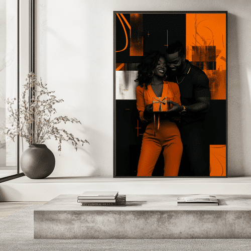 Acts of Service framed artwork on display, featuring a dynamic couple in vibrant orange tones, designed to inspire love and connection in contemporary spaces.