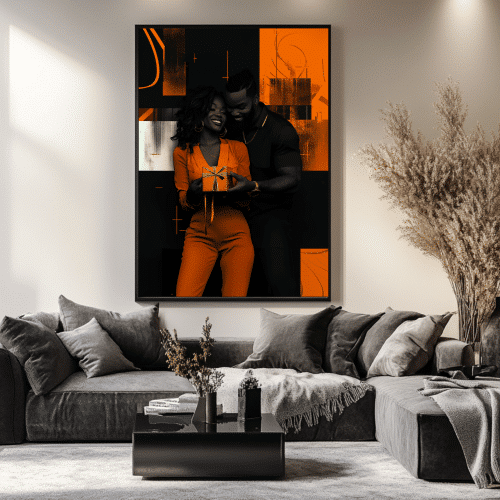 Canvas print of Acts of Service from ALHARI's Love Language Collection, highlighting a couple’s intimate moment, perfect for modern decor and showcasing Black love.