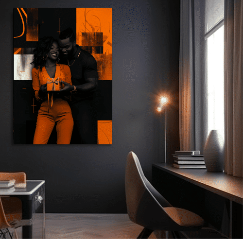 Acts of Service artwork from the Love Language Collection by ALHARI Gallery, featuring a couple sharing a meaningful gift in a vibrant orange and black abstract design.