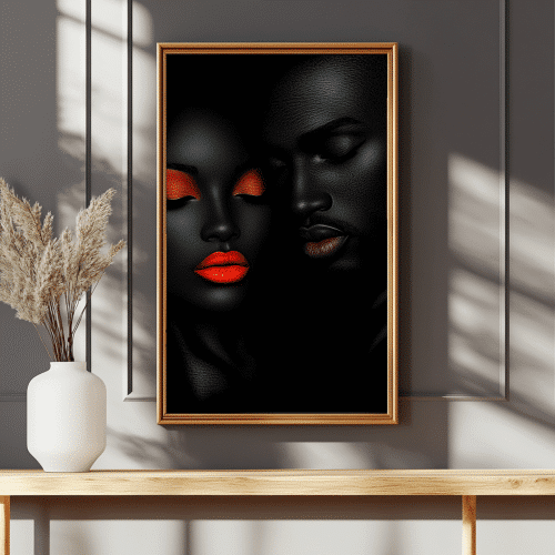 Close-up artwork from the Intense Whispers Collection featuring bold red lips and intimate design, framed in gold, displayed in a modern space with natural light.