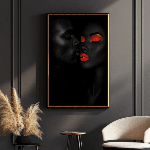 Side profile artwork from the Intense Whispers Collection showcasing a couple’s intimate moment, framed in gold, adding a striking element to modern interiors.