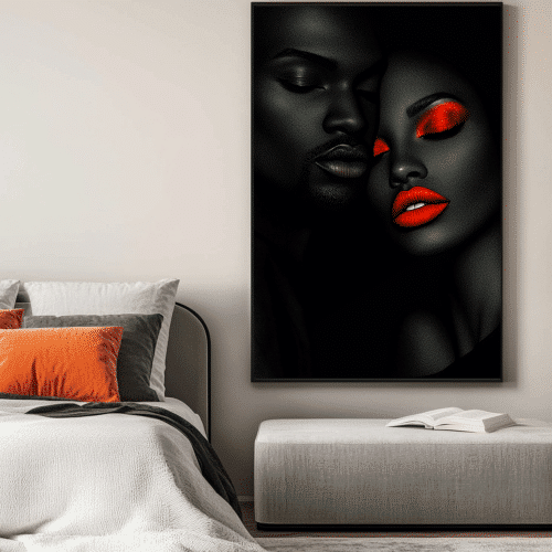 Bedroom display featuring the Intense Whispers Collection poster with bold red highlights and a sophisticated intimate design on a luxurious wall.