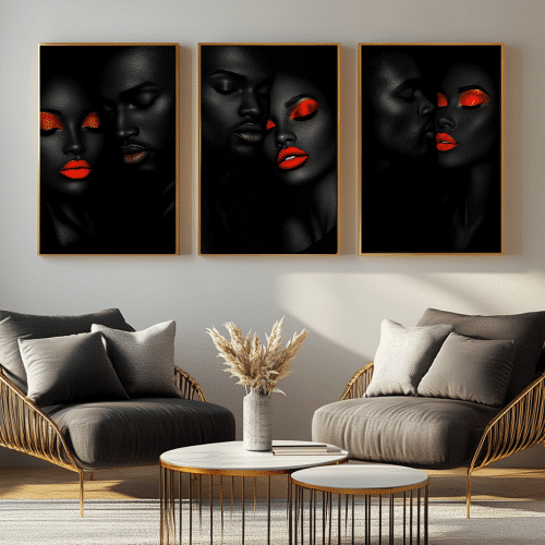 Three-piece set of Intense Whispers Collection posters displayed in a modern living room with gray and gold accents for an elegant focal point.