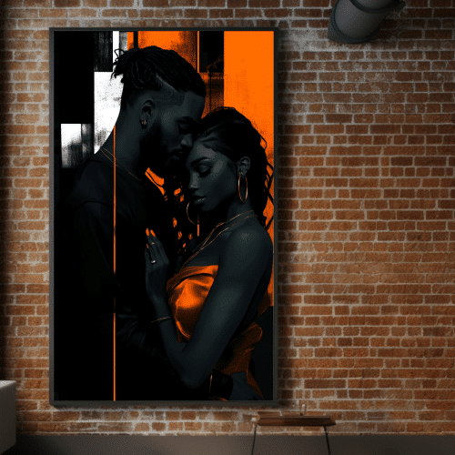 Physical Touch artwork from ALHARI's Love Language Collection displayed on a brick wall. Celebrating love, intimacy, and Black culture in a modern design.