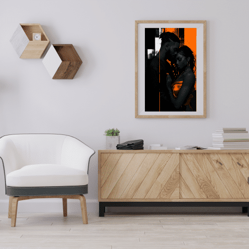 Framed Physical Touch artwork by ALHARI, showcasing an intimate moment in a minimalist home setting. Perfect for inspiring connection and adding cultural elegance.