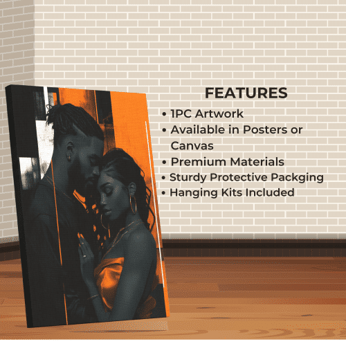 Canvas print of Physical Touch artwork, featuring bold orange and black tones. Eco-friendly, FSC-certified materials and hanging kit included.