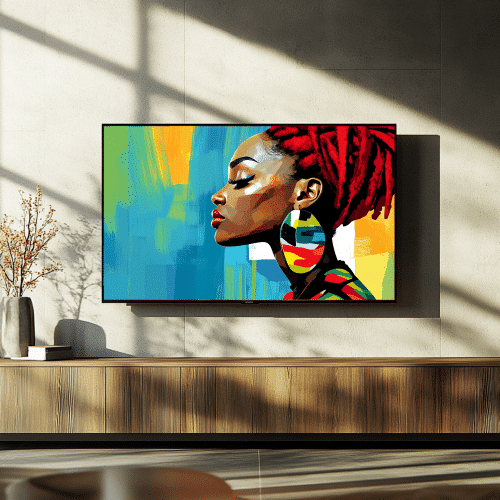 Colorful portrait of a woman with vibrant red locks and bold earrings, set against a teal and yellow background, a perfect cultural focal point for smart TVs.