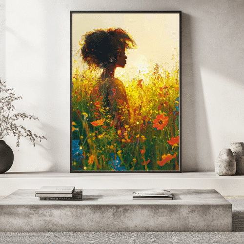 Radiance in Bloom large framed art piece in a sophisticated living space, vibrant wildflowers and golden hues create a stunning focal point for elegant home decor.