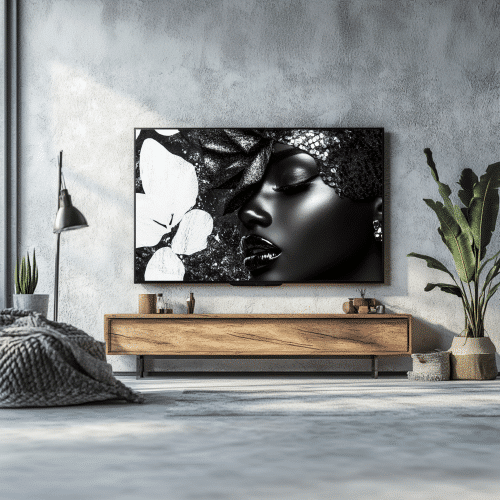 Stunning black-and-white portrait art from the Contrast Chronicles collection displayed in a modern living room, offering a sophisticated and inspiring aesthetic upgrade.