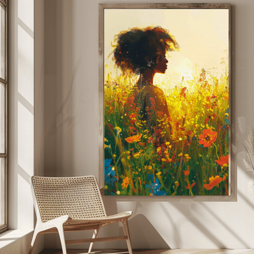 Radiance in Bloom canvas art in a serene living room, showcasing vibrant wildflowers, golden sunlight, and a silhouette of a woman, perfect for modern interiors.