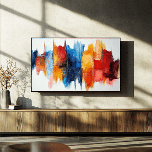 Abstract cityscape with bold red, blue, and orange strokes, showcasing energy and depth, optimized for stunning smart TV displays in modern spaces.