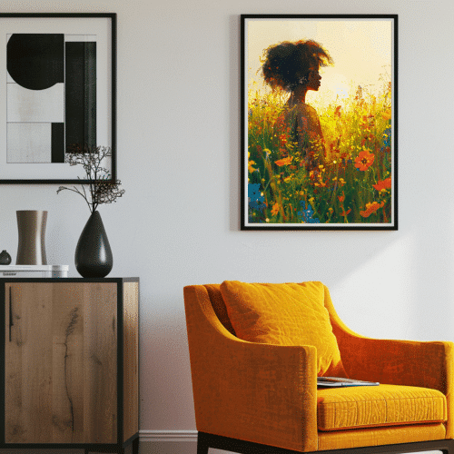 Radiance in Bloom framed artwork in a cozy reading corner, featuring vivid wildflowers and a woman’s silhouette bathed in golden sunlight, enhancing contemporary decor.