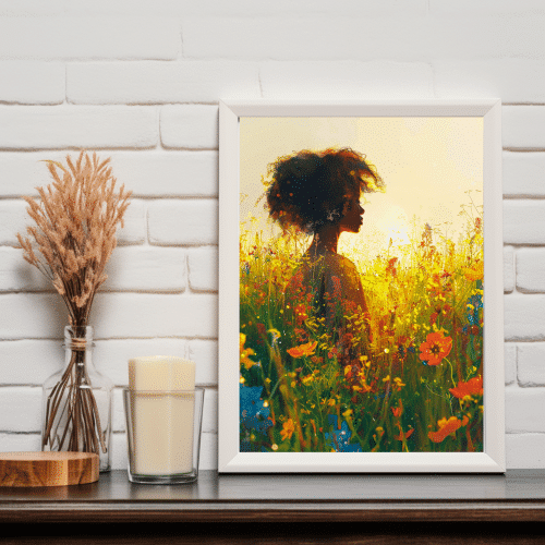 Radiance in Bloom fine art print on a minimalist shelf, vibrant flowers and golden sunlight evoke serenity, making it ideal for modern interior decoration