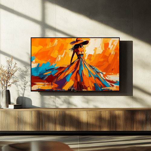 Vibrant artwork of a woman in a flowing orange and blue dress, evoking movement and energy, an ideal centerpiece for smart TV gallery displays.