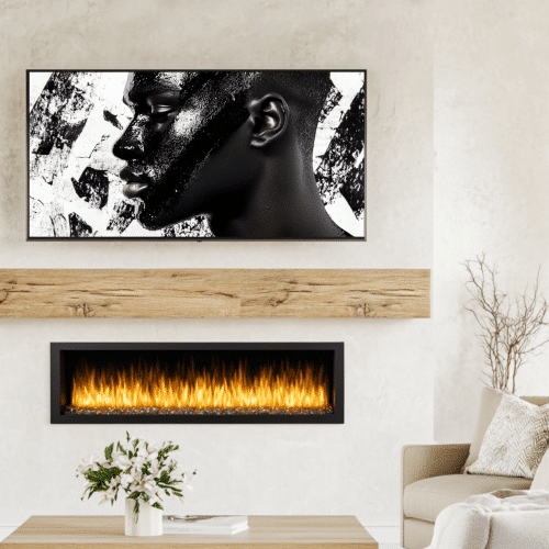 High-definition digital art from the Contrast Chronicles collection displayed on a sleek wall-mounted TV, blending modern design with cultural elegance in a cozy living room.