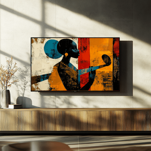 Bold artwork of an elegant woman holding a musical instrument, blending vibrant hues of red, orange, and blue, perfect for modern smart TV displays.