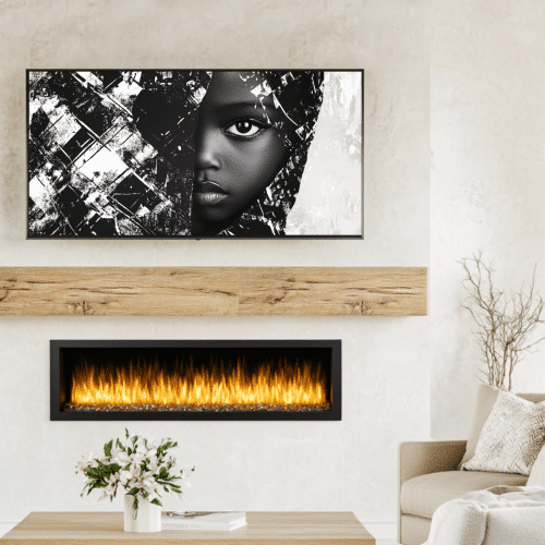 Contrast Chronicles digital artwork showcasing a young girl's profile against abstract textures, elevating a stylish interior design with bold and meaningful expression.