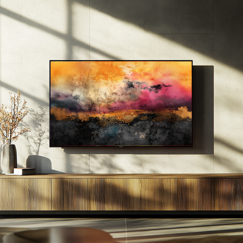 Abstract art depicting dynamic landscapes with bold splashes of orange, pink, and black, creating a gallery-like ambiance on smart TVs.