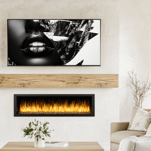 A striking black-and-white digital art piece from the Contrast Chronicles collection, highlighting bold lip design and abstract patterns in a luxurious home setting.