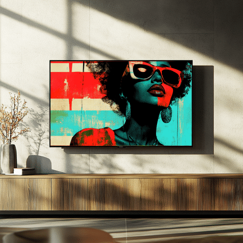 op art-style portrait of a confident woman with sunglasses, highlighted by striking red, teal, and beige tones, ideal for contemporary TV decor.