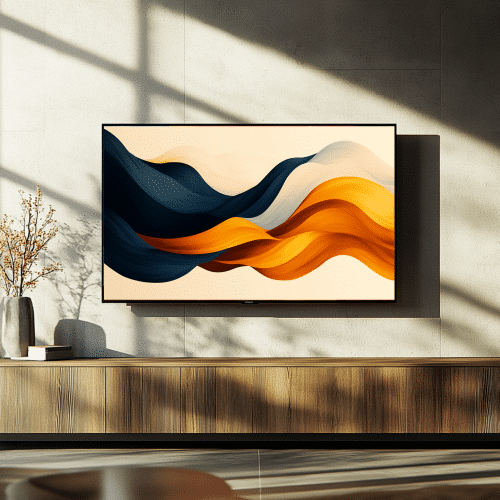 Fluid abstract art featuring soft waves in golden orange and deep blue, designed to bring sophistication and vibrancy to modern interiors.