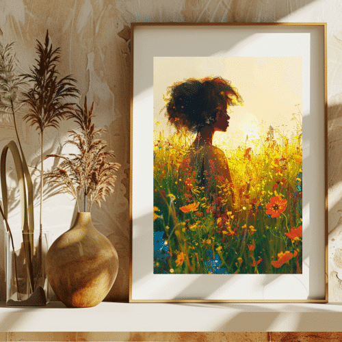 Radiance in Bloom framed wall art on a rustic mantelpiece, highlighting vivid wildflowers and golden light, adding warmth and style to cozy interior designs."