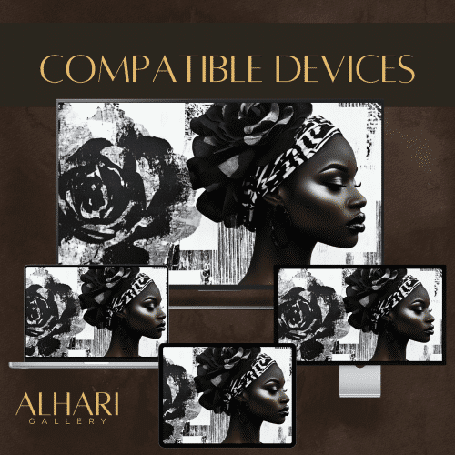 Elegant black-and-white digital artwork from ALHARI Gallery displayed on multiple devices, showcasing compatibility with tablets, laptops, computers, and monitors.