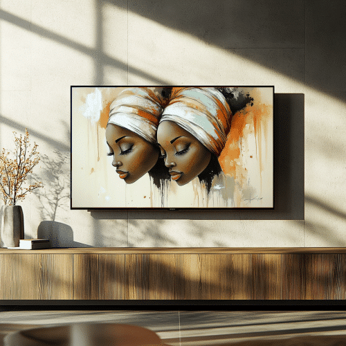 Captivating side profile of two women in headwraps, rendered in soft orange and beige tones, ideal for adding cultural depth to modern interiors.