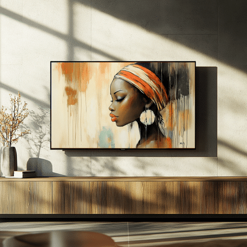 Minimalist portrait of a woman with a bold orange headwrap and striking earrings, perfect for contemporary TV decor.