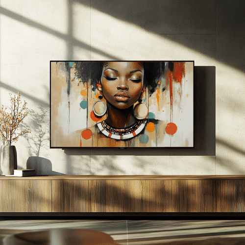 Vivid digital artwork featuring a poised African woman with a traditional necklace and dynamic brushstrokes, creating a gallery-like experience on smart TVs.