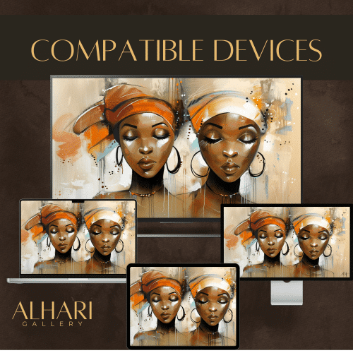 Vibrant ALHARI Gallery artwork featuring two women in headscarves, showcased across tablets, laptops, and monitors, highlighting compatibility with various digital devices.