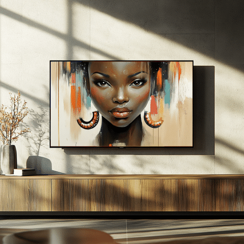 Elegant portrait of a regal African woman with bold earrings and vibrant brushstrokes, perfect for transforming smart TVs into cultural art displays.