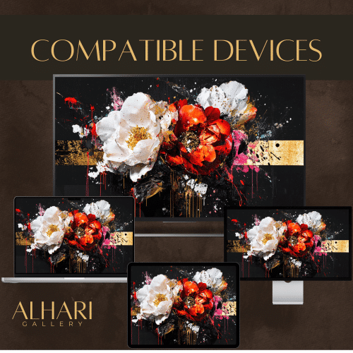 Floral Symphony artwork from ALHARI Gallery featuring bold red and white blossoms on a dramatic black background, optimized for display on tablets, laptops, and monitors.