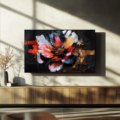 Dynamic multicolor floral design with bold yellows, oranges, and blues, creating a statement display for smart TVs and contemporary interiors.