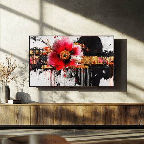 Vibrant red flower with dynamic gold and black abstract textures, designed to bring energy and sophistication to any living space.