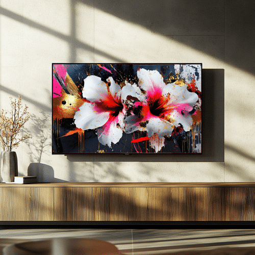 Stunning digital artwork featuring two bold white lilies with vibrant pink accents, perfect for enhancing smart TV displays and modern interiors.