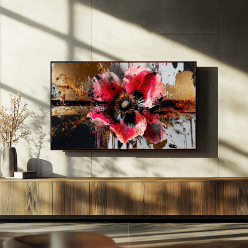 Artistic composition of a red poppy with golden textures and bold brushstrokes, ideal for transforming your TV into a floral statement piece.