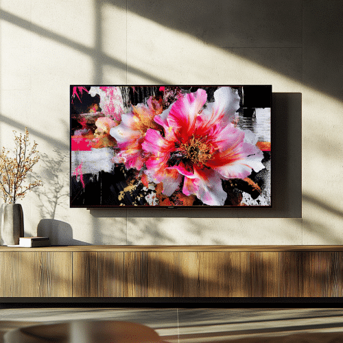 Elegant pink floral artwork with rich textural detail and modern brushwork, optimized for seamless smart TV display.