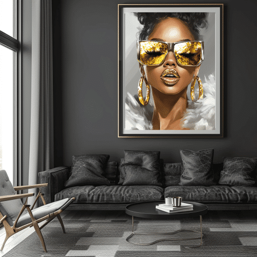 Queen of Glitz wall art showcased in a modern dark-toned living room, featuring gold accents and luxurious detailing, available as a premium canvas or poster.