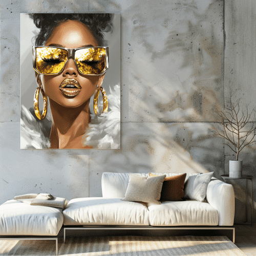 Queen of Glitz art piece in a minimalist living space, highlighting its vibrant golden tones and elegant aesthetics, perfect for sophisticated interior design styles.