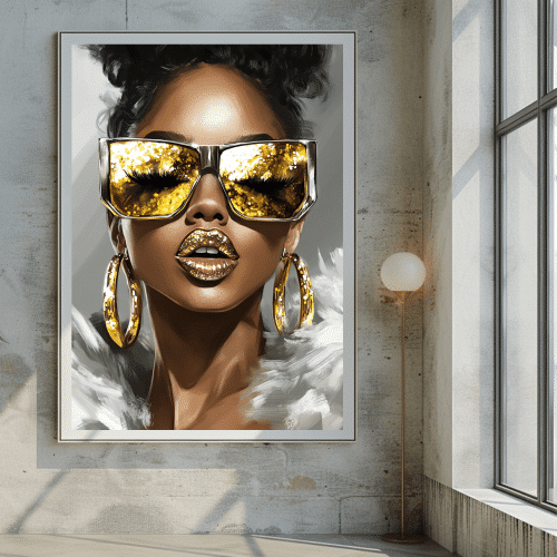 Queen of Glitz artwork framed in a chic industrial setting, blending gold elegance with bold decor, offered in high-quality canvas and poster formats.