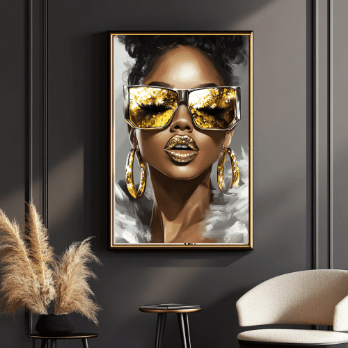 Queen of Glitz artwork on a textured wall with elegant lighting, embodying luxury and sophistication, available as canvas or poster for versatile decor options.