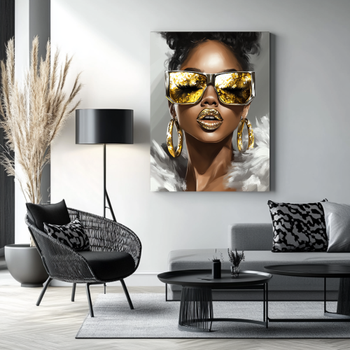 Queen of Glitz fine art in a stylish neutral living room with golden accents, ideal for adding a touch of glamour, offered as a premium canvas or poster.