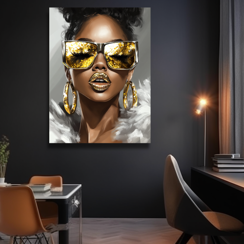 Queen of Glitz in an upscale modern setting with bold furnishings, capturing the essence of gold luxury, available in premium canvas and poster formats.