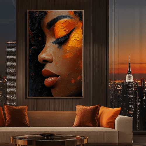 The Canvas of Her vibrant textured oil painting featured in a luxurious living room with warm and elegant tones.