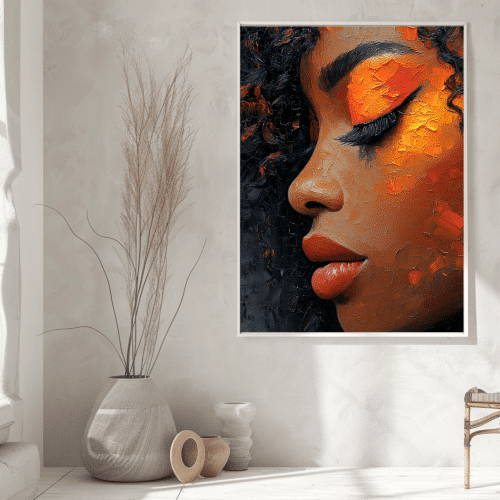 The Canvas of Her - Close-up textured oil painting with bold orange and black hues, highlighting female expression for contemporary decor.