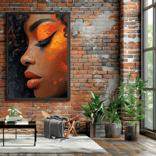 The Canvas of Her framed in a sleek black setting, blending bold textured art with modern room design.