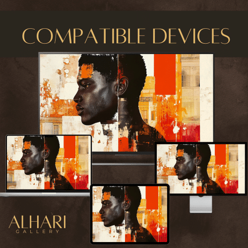 Vibrant Echoes artwork from ALHARI Gallery, showcasing a striking portrait in deep hues with orange and beige abstract accents, compatible with tablets, laptops, and monitors.